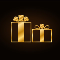 Christmas gold gifts set with ribbon icon. Giftbox golden flat sign decoration, isolated on black background. Symbol New Year celebration, presents, birthday, Merry Xmas, holiday Vector illustration