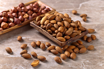 Almonds in old wooden dish