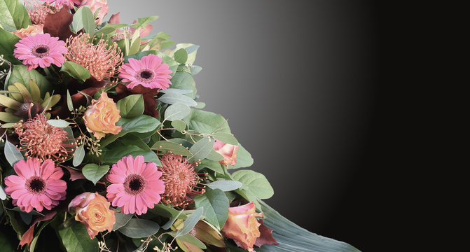Fototapeta Condolence card with flowers arrangement and dark background.