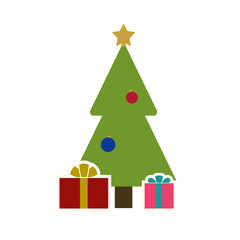 Christmas tree with balls, star, gift. Cartoon icon. Green silhouette decoration sign, isolated on white background. Flat design. Symbol holiday, Christmas, New Year celebration Vector illustration