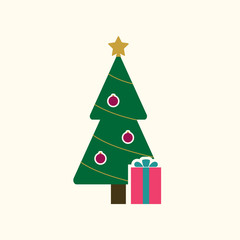 Christmas tree with balls, star, gift. Cartoon icon. Green silhouette decoration sign, isolated on white background. Flat design. Symbol holiday, Christmas, New Year celebration Vector illustration