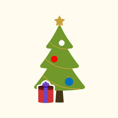 Christmas tree with balls, star, gift. Cartoon icon. Green silhouette decoration sign, isolated on white background. Flat design. Symbol holiday, Christmas, New Year celebration Vector illustration