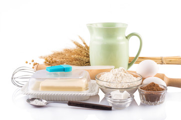 Ingredients for the dough. On white, isolated background.