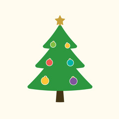 Christmas tree with balls, star. Cartoon icon. Green silhouette decoration sign, isolated on white background. Flat design. Symbol of holiday, Christmas, New Year celebration. Vector illustration