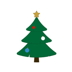 Christmas tree with balls, star. Cartoon icon. Green silhouette decoration sign, isolated on white background. Flat design. Symbol of holiday, Christmas, New Year celebration. Vector illustration