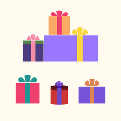Christmas gifts ribbons icons set. Giftbox color signs decoration, isolated on white background. Flat design. Symbol of New Year celebration, presents, surprise, Xmas, holiday. Vector illustration