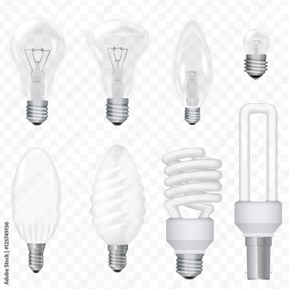 Poster vector realistic energy saving light bulbs lamps isolated on the transperant background. lightbulb s