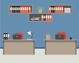 Workplace of office workers on a blue background. Vector flat illustration. There are two tables, two red chairs, shelves for documents and other objects in the picture