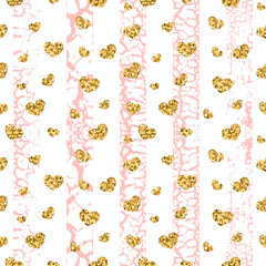 Gold grunge hearts craquelure stripes seamless pattern. Golden glitter confetti. White and pink background. Love Valentine day, wedding design card, wallpaper, wrapping, textile Vector Illustration