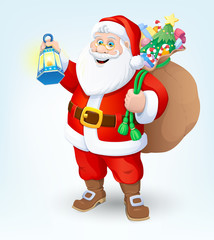 Christmas. Santa Claus with a flashlight and a bag of gifts. Vector illustration.