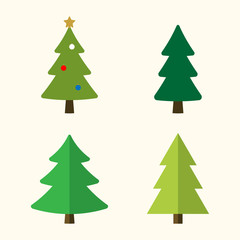 Christmas tree cartoon icons set. Green silhouette decoration trees signs, isolated on white background. Flat design. Symbol of holiday, winter, Christmas celebration, New Year Vector illustration
