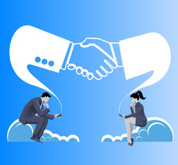 Deals are made in cloud business concept. Businessmen and business woman in suits seat on clouds and establishing connection via their smart phones. Business in cloud, partnership, contact,opportunity