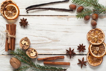 Spicy Christmas background. Food baking ingredients.