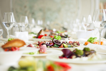 catering banquet table, Canapes on restaurant table, catering, buffet, canapés, stemware