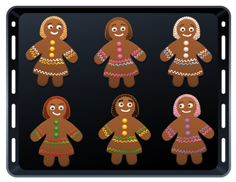 Gingerbread women on baking plate - cute and sweet christmas cookies.