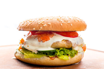 burger with seafood on a white background