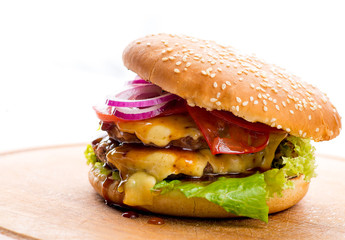 burger with double chop on a white background