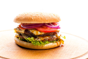 burger with double chop on a white background