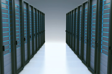 Fototapeta premium Rows of network servers in data center with reflection effect