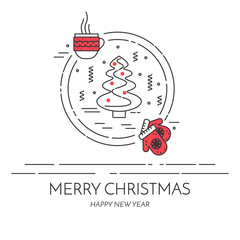 Christmas horizontal banner with tree and gifts Linear style