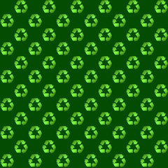 Recycle symbol in bright gradient greens on dark green, a seamless background pattern