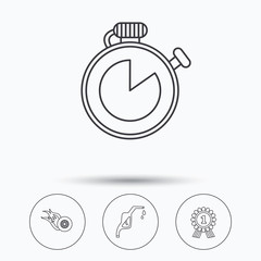 Winner award, petrol station and speed icons. Race timer linear sign. Linear icons in circle buttons. Flat web symbols. Vector