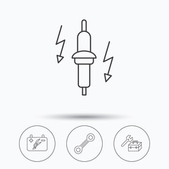 Accumulator, spanner tool and car service icons. Repair toolbox, spark plug linear signs. Linear icons in circle buttons. Flat web symbols. Vector