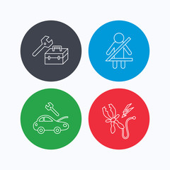 Repair, battery terminal and car service icons. Fasten seat belt linear sign. Linear icons on colored buttons. Flat web symbols. Vector