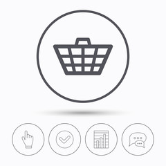 Basket icon. Shopping cart symbol. Chat speech bubbles. Check tick, report chart and hand click. Linear icons. Vector