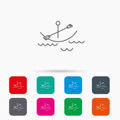 Kayaking on waves icon. Boating or rafting sign. Canoeing extreme sport symbol. Linear icons in squares on white background. Flat web symbols. Vector