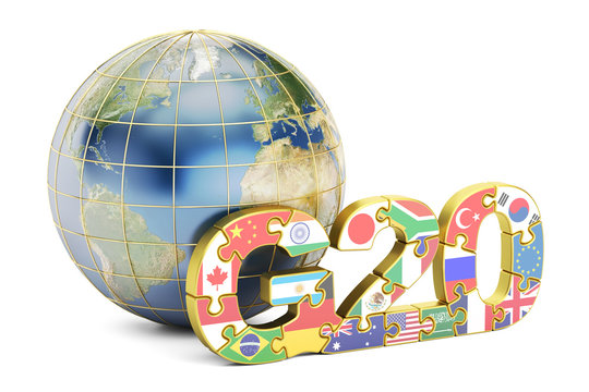 G20 concept with globe, 3D rendering