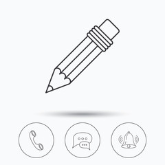 Chat speech bubbles, bell and pencil icons. Phone call linear sign. Linear icons in circle buttons. Flat web symbols. Vector