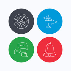 Conversation, global network and direction icons. Bell alarm signal linear sign. Linear icons on colored buttons. Flat web symbols. Vector
