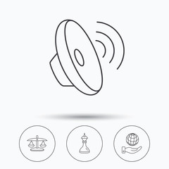 Strategy, sound and scales of justice icons. Save planet linear sign. Linear icons in circle buttons. Flat web symbols. Vector