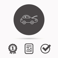 Car repair icon. Mechanic service sign. Report document, winner award and tick. Round circle button with icon. Vector