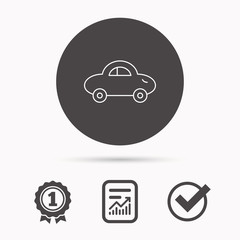 Baby car icon. Transport sign. Toy vehicle symbol. Report document, winner award and tick. Round circle button with icon. Vector
