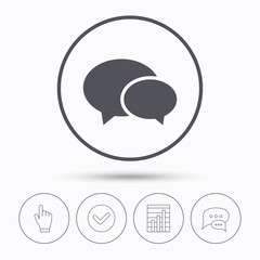 Chat icon. Speech bubble symbol. Chat speech bubbles. Check tick, report chart and hand click. Linear icons. Vector