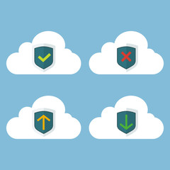 Vector illustration set of white cloud with symbols. Cloud database icon set with approved, verified, corrupted, up- and download symbols. Vector flat illustration.