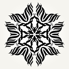 Ornate doodle round rosette in black over white backgrounds. Mandala formed with hand drawn calligraphic elements.