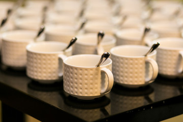 tea sets, collection white coffee cups, buffet, catering