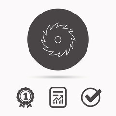 Circular saw icon. Cutting disk sign. Woodworking sawblade symbol. Report document, winner award and tick. Round circle button with icon. Vector