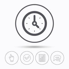Clock icon. Mechanical watch symbol. Chat speech bubbles. Check tick, report chart and hand click. Linear icons. Vector