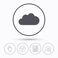 Cloud icon. Data storage technology symbol. Chat speech bubbles. Check tick, report chart and hand click. Linear icons. Vector
