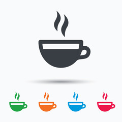 Coffee cup icon. Hot tea drink symbol. Colored flat web icon on white background. Vector