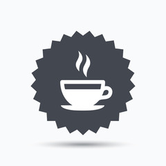 Coffee cup icon. Hot tea drink symbol. Gray star button with flat web icon. Vector