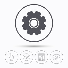 Cogwheel icon. Repair service symbol. Chat speech bubbles. Check tick, report chart and hand click. Linear icons. Vector