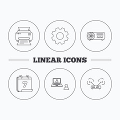 Projector, printer and wi-fi router icons. Video chat linear sign. Flat cogwheel and calendar symbols. Linear icons in circle buttons. Vector