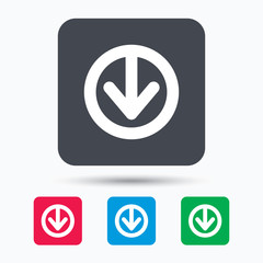 Download icon. Load internet data symbol. Colored square buttons with flat web icon. Vector