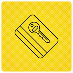 Electronic key icon. Hotel room card sign. Unlock chip symbol. Linear icon on orange background. Vector