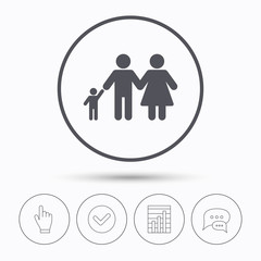 Family icon. Father, mother and child symbol. Chat speech bubbles. Check tick, report chart and hand click. Linear icons. Vector